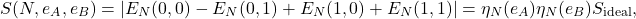 \begin{equation*}S(N,e_A,e_B) = \left| E_N(0,0)-E_N(0,1)+E_N(1,0)+E_N(1,1)\right| = \eta_N(e_A) \eta_N(e_B) S_{\text{ideal}},\end{equation*}