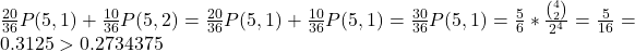 \frac{20}{36} P(5,1)+\frac{10}{36} P(5,2)=\frac{20}{36} P(5,1)+\frac{10}{36} P(5,1)=\frac{30}{36} P(5,1)=\frac{5}{6} * \frac{\binom{4}{2}}{2^4}=\frac{5}{16}=0.3125>0.2734375