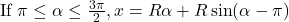 \[&\text{If } \pi \leq \alpha \leq \tfrac{3\pi}{2}, \; x = R \alpha + R \sin(\alpha - \pi)\]