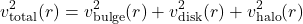 \begin{equation*}v_{\text{total}}^2 (r) = v_{\text{bulge}}^2 (r) + v_{\text{disk}}^2 (r) + v_{\text{halo}}^2 (r)\end{equation*}