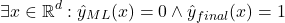 \begin{equation*}\exists x \in \mathbb{R}^d: \hat{y}_{ML}(x) = 0 \wedge \hat{y}_{final}(x) = 1\end{equation*}