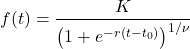 \[f(t)=\frac{K}{\left(1+e^{-r(t-t_0)}\right)^{1/\nu}}\]