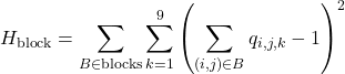 \[H_{\text{block}} = \sum_{B \in \text{blocks}} \sum_{k=1}^{9} \left( \sum_{(i,j) \in B} q_{i,j,k} - 1 \right)^2\]