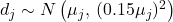 d_j \sim N\left(\mu_j,\,(0.15 \mu_j)^2\right)