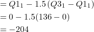 \[\begin{aligned}& =Q 1_1-1.5\left(Q 3_1-Q 1_1\right) \\& =0-1.5(136-0) \\& =-204\end{aligned}\]
