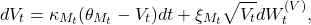 \begin{equation*} dV_t = \kappa_{M_t}(\theta_{M_t} - V_t) dt + \xi_{M_t} \sqrt{V_t} dW_t^{(V)},\end{equation*}
