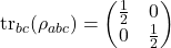 \begin{equation*} \operatorname{tr}_{bc}(\rho_{abc}) = \begin{pmatrix} \frac{1}{2} & 0 \\ 0 & \frac{1}{2} \end{pmatrix} \end{equation*}