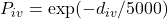 P_{iv} = \exp(-d_{iv} / 5000)
