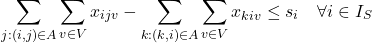 \[\sum_{j:(i,j)\in A} \sum_{v\in V} x_{ijv} - \sum_{k:(k,i)\in A} \sum_{v\in V} x_{kiv} \leq s_i \quad \forall i \in I_S\]