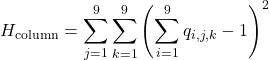 \[H_{\text{column}} = \sum_{j=1}^{9} \sum_{k=1}^{9} \left( \sum_{i=1}^{9} q_{i,j,k} - 1 \right)^2\]