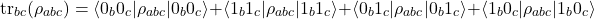 \begin{equation*}\operatorname{tr}_{bc}(\rho_{abc}) = \langle 0_b 0_c | \rho_{abc} | 0_b 0_c \rangle + \langle 1_b 1_c | \rho_{abc} | 1_b 1_c \rangle + \langle 0_b 1_c | \rho_{abc} | 0_b 1_c \rangle + \langle 1_b 0_c | \rho_{abc} | 1_b 0_c \rangle\end{equation*}