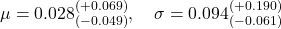 \mu = 0.028_{(-0.049)}^{(+0.069)}, \quad \sigma = 0.094_{(-0.061)}^{(+0.190)}