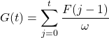 Rendered by QuickLaTeX.com \begin{equation*}\begin{aligned}& G(t)=\sum_{j=0}^t \frac{F(j-1)}{\omega}\end{aligned}\end{equation*}