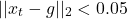 \begin{equation*} ||x_t-g||_2<0.05 \end{equation*}