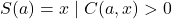 \begin{equation*} S(a) = {x \mid C(a,x) > 0} \end{equation*}