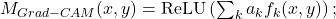 M_{Grad - CAM}(x,y) = \mathrm{ReLU}\left(\sum_{k} a_k f_k(x,y)\right);