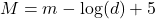 \begin{equation*}M = m - \log(d) + 5\end{equation*}