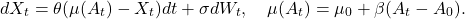 \[dX_t = \theta(\mu(A_t) - X_t)dt + \sigma dW_t, \quad \mu(A_t) = \mu_0 + \beta(A_t - A_0).\]