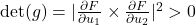 \det(g)=| \frac{\partial F}{\partial u_1} \times \frac{\partial F}{\partial u_2} |^2 > 0