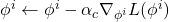 \phi^i \leftarrow \phi^i - \alpha_c \nabla_{\phi^i} L(\phi^i)