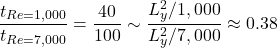 \begin{equation*}\frac{t_{Re=1,000}}{t_{Re=7,000}} = \frac{40}{100} \sim \frac{L_y^2 / 1,000}{L_y^2 / 7,000} \approx 0.38\end{equation*}