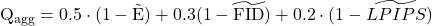 \mathrm{Q_{agg} = 0.5 \cdot (1-\tilde{E})+0.3⋅(1-\widetilde{FID}} )+ 0.2\cdot (1-\widetilde{LPIPS}})
