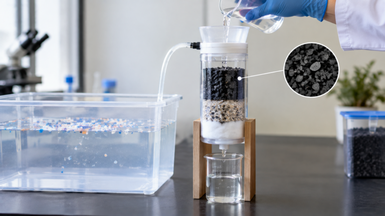 A Low-Cost Prototype Passive Filtration System Exploring Whether a Biochar-Containing Layer Improves Capture of Large Model Microplastics Under Controlled Tank Conditions