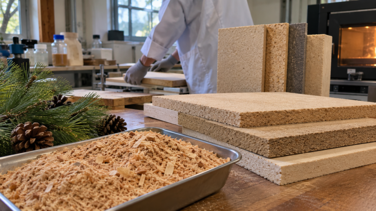 Cellulose-Based Interior Materials From Pine Sawdust With Formaldehyde-Scavenging and Flame-Retardant Properties
