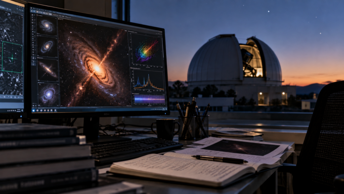 Astrophysics Workspace Under Twilight Skies