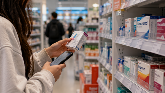 Checking Medicine in Pharmacy Aisle