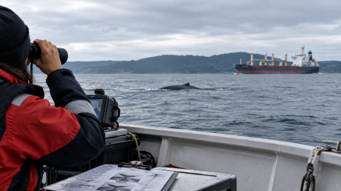 Whale Watching Beside a Freighter