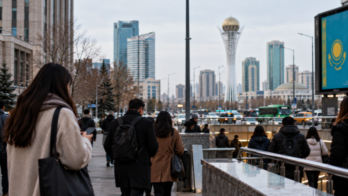 Winter Commuters Beneath the Golden Tower